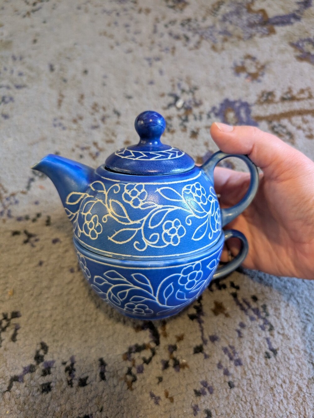 Vintage‎ Nesting Teapot and Mug Set Blue White Etched Design Jaipur